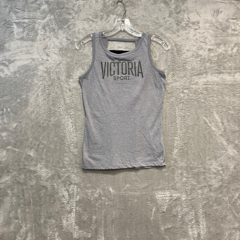 Victoria Sport Tank Top Women XS Gray Strappy Open Back Activewear Logo